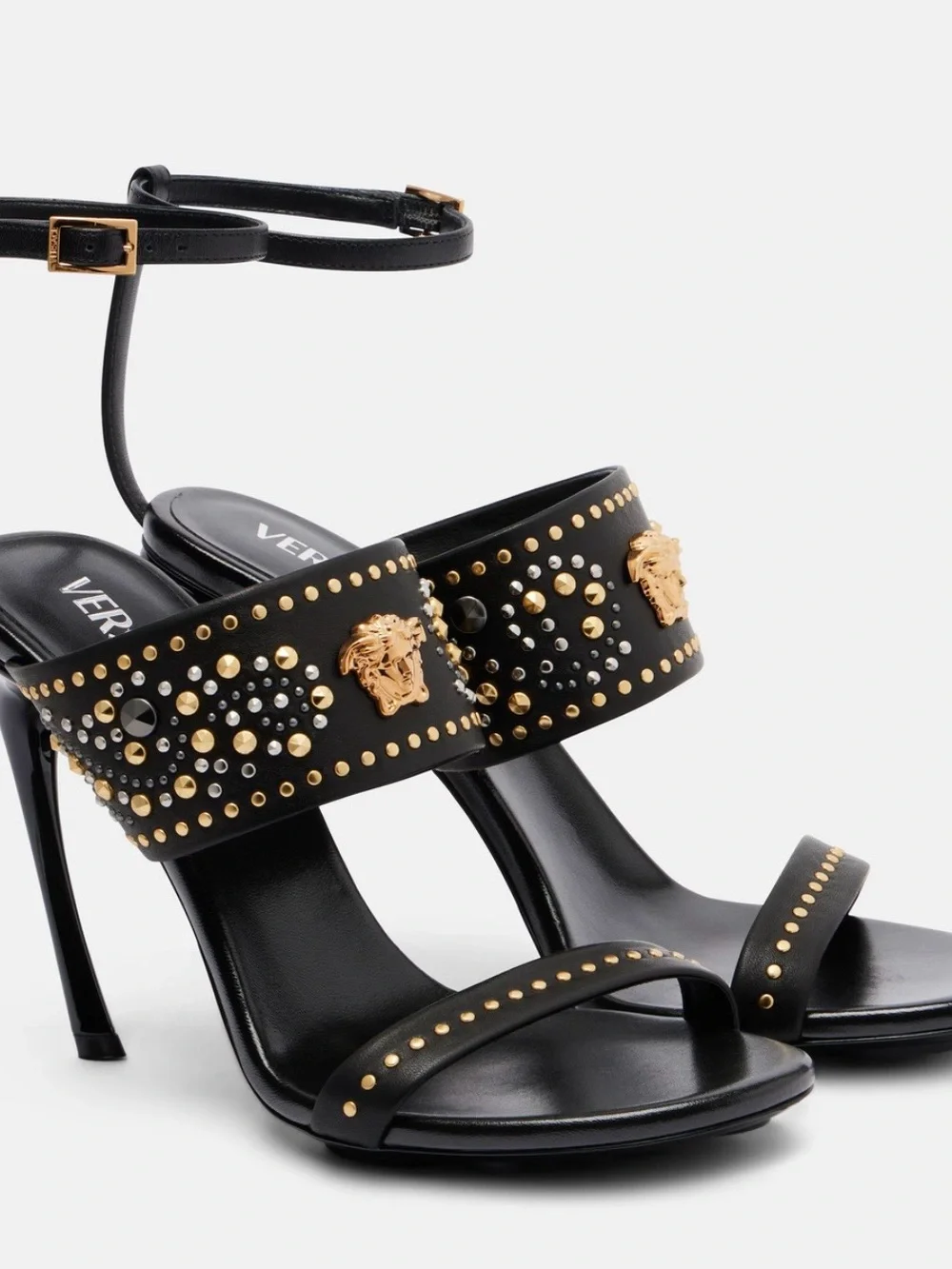 Versace Black Studded Platform Heels with Gold Accents 38
